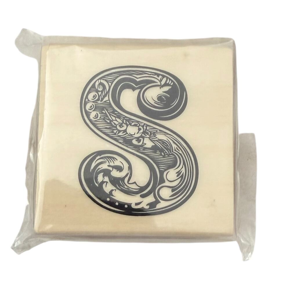 Ornate Decorative Letter S Floral Monogram Wood Mounted Rubber Stamp